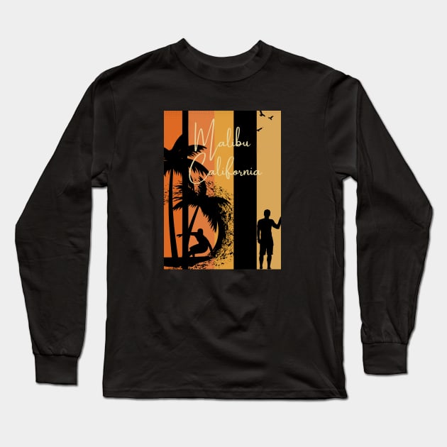 Malibu California palm tree surfer design Long Sleeve T-Shirt by Blessed Deco and Design